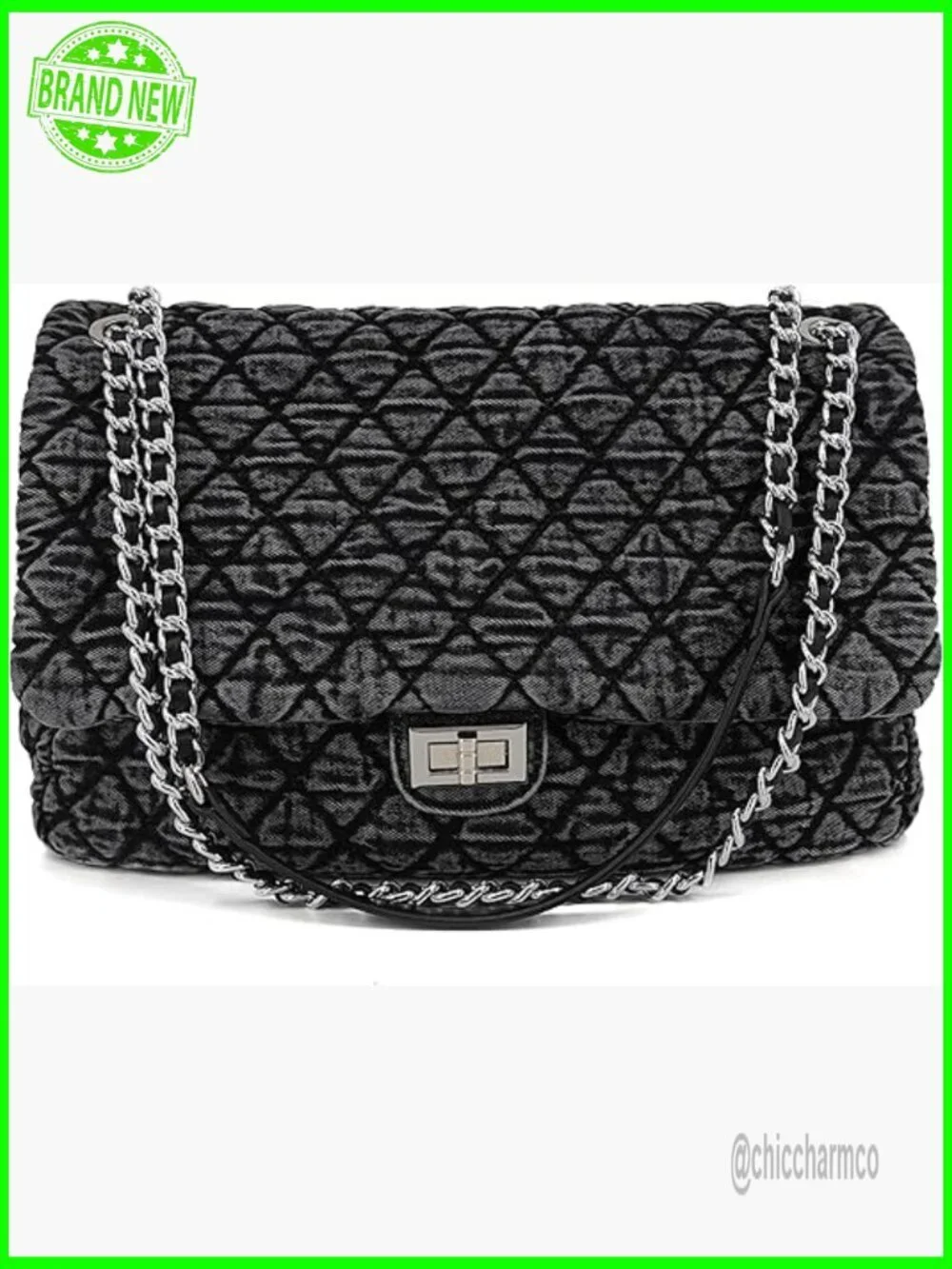 Large Quilted Denim Hobo Bag with Chain Straps, Crossbody Tote